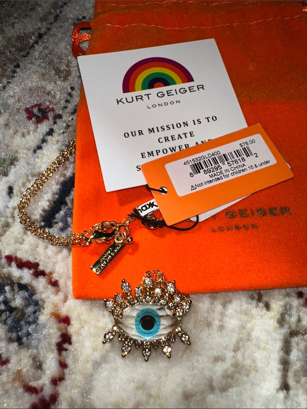 Kurt Geiger Gold Necklace with Blue Eye Charm necklace